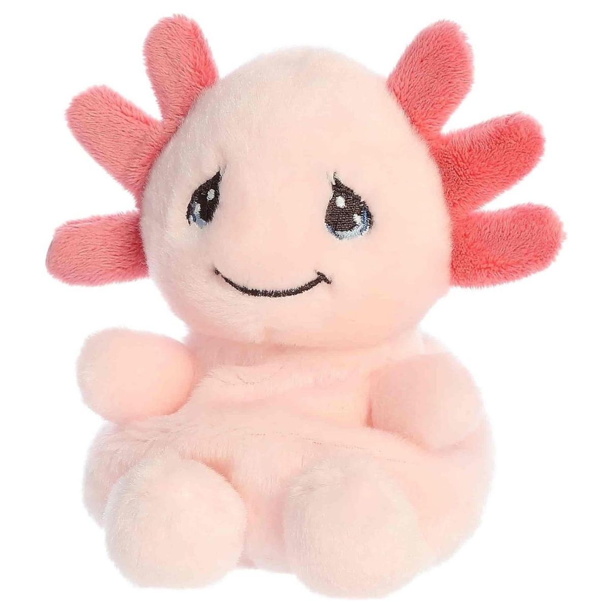Angled front view of the smiling Lottie Axolotl sitting happily on its two plush pink feet.