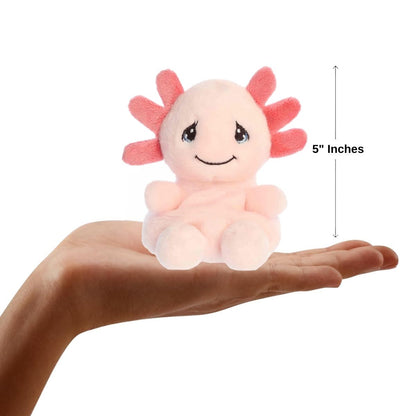Sizing graphic showing the 5-inch Palm Pals Precious Moments Lottie Axolotl plush sitting perfectly in the palm of a hand to demonstrate its small scale.