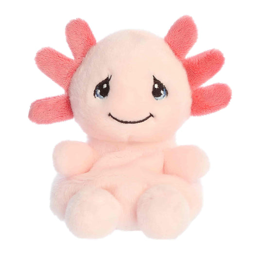 Straight front sitting view of the pink axolotl plush showing its iconic Precious Moments teardrop eyes and sweet smile.