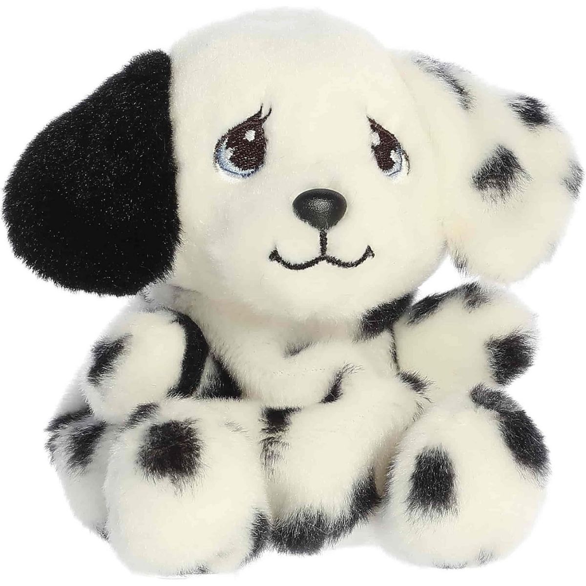 Front angled view of the 5-inch Aurora Palm Pals Precious Moments Barkley Dalmatian plush toy featuring black spots and signature teardrop eyes.
