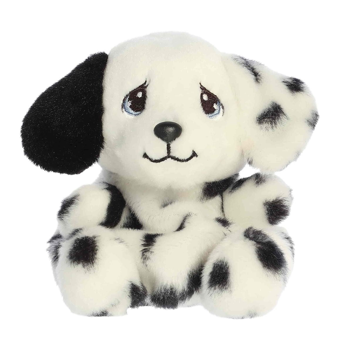 Straight front sitting view of the spotted dalmatian plush showing its soulful Precious Moments eyes, one solid black ear, and sweet smile.
