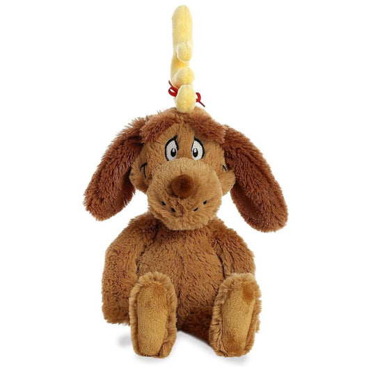 Straight front view of the sitting Max plush showing his sweet embroidered smile, floppy ears, and red ribbon tie.