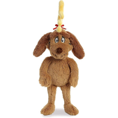 Straight front view of the Max the Dog plush toy standing up, showcasing his tall yellow antler.