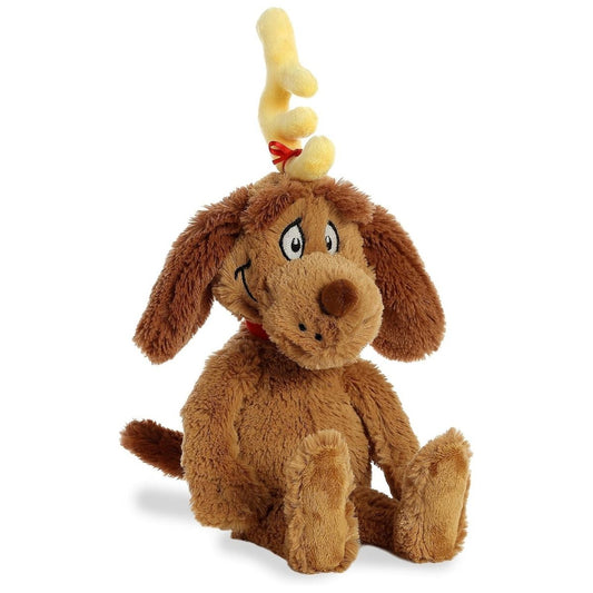 Front angled view of the sitting 16.5-inch Aurora Dr. Seuss Max the Dog plush toy featuring his shaggy brown fur and yellow antler.