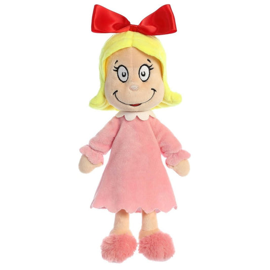 Front view thumbnail of the cute Cindy Lou Who plush standing upright, highlighting her sweet embroidered face, big red bow, and ruffled collar.