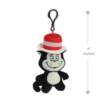Sizing graphic showing the 4-inch The Cat in the Hat plush keychain alongside a measurement line to demonstrate its miniature scale.