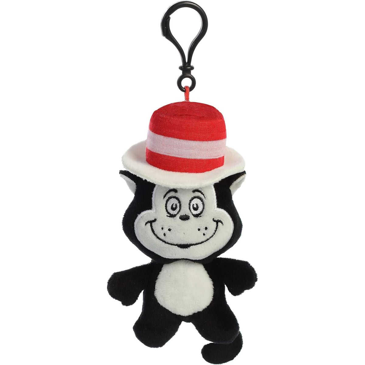 Front view of the 4-inch Aurora Dr. Seuss The Cat in the Hat plush keychain featuring his iconic red and white striped hat, a black body, and a black plastic clip.