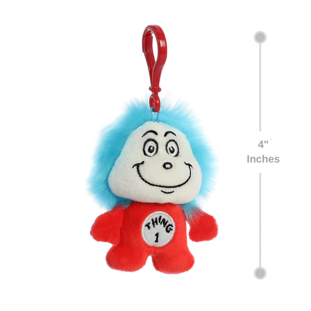 Sizing graphic showing the 4-inch Thing 1 plush keychain alongside a measurement line to demonstrate its miniature scale.