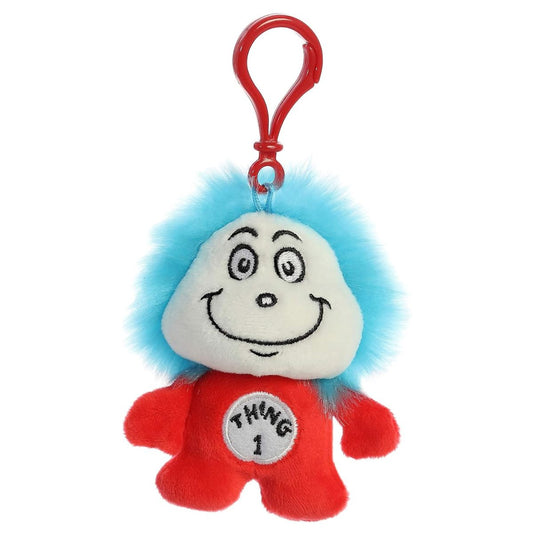 Front view of the 4-inch Aurora Dr. Seuss Thing 1 plush keychain featuring a red suit, fuzzy blue hair, a wide smile, and a red plastic clip.