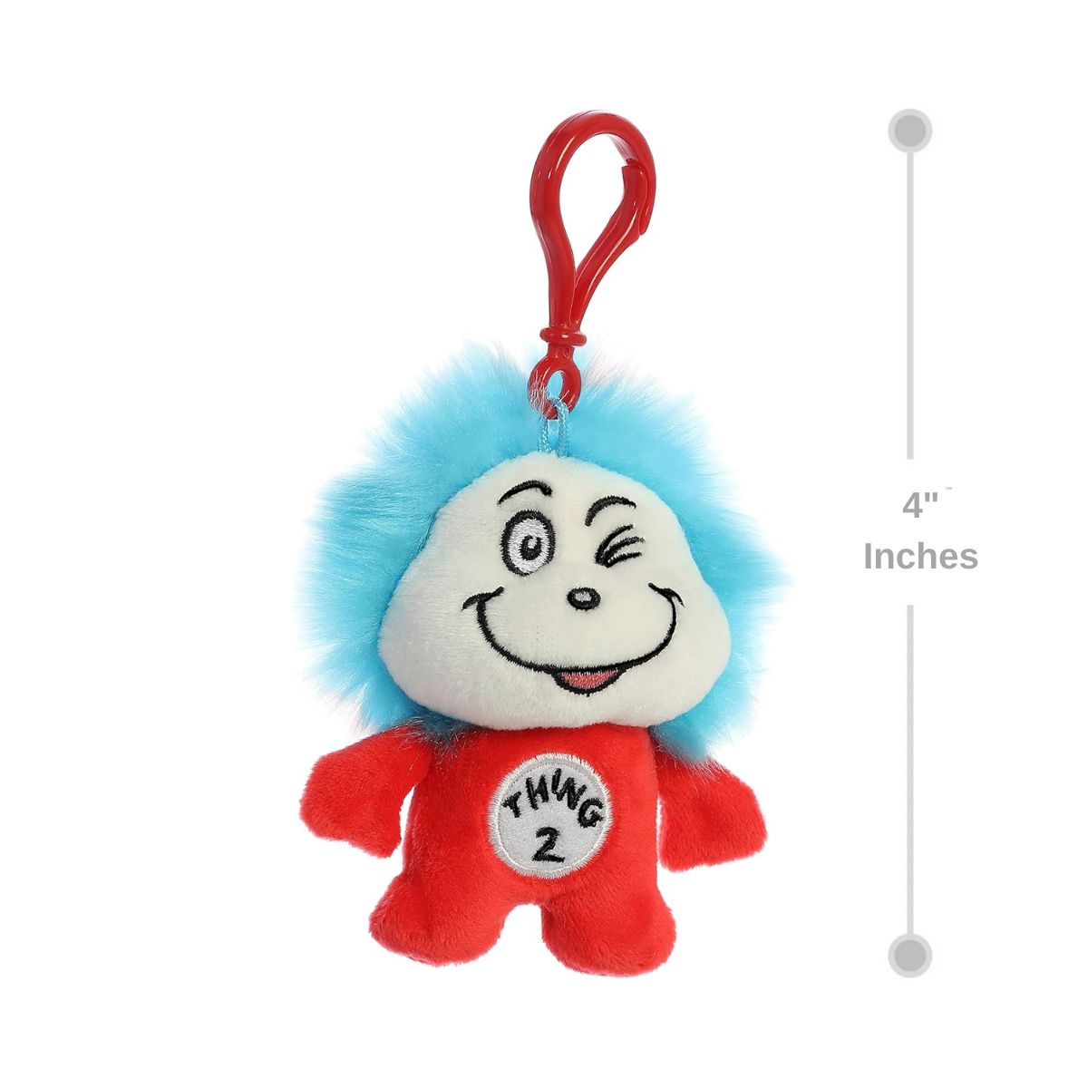 Sizing graphic showing the 4-inch Thing 2 plush keychain alongside a measurement line to demonstrate its miniature scale.
