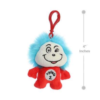 Sizing graphic showing the 4-inch Thing 2 plush keychain alongside a measurement line to demonstrate its miniature scale.