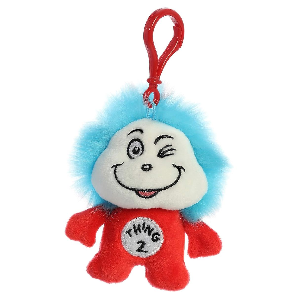 Front view of the 4-inch Aurora Dr. Seuss Thing 2 plush keychain featuring a red suit, fuzzy blue hair, a winking face, and a red plastic clip.