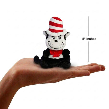 The miniature Cat in the Hat plush sitting balanced in an open human hand under a 5-inch height graphic indicator.