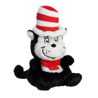 Aurora 5-inch Palm Pals Dr. Seuss Cat in the Hat plush toy sitting at an angle showing its black and white body, tall red-and-white striped hat, red bow tie, and extended tail.