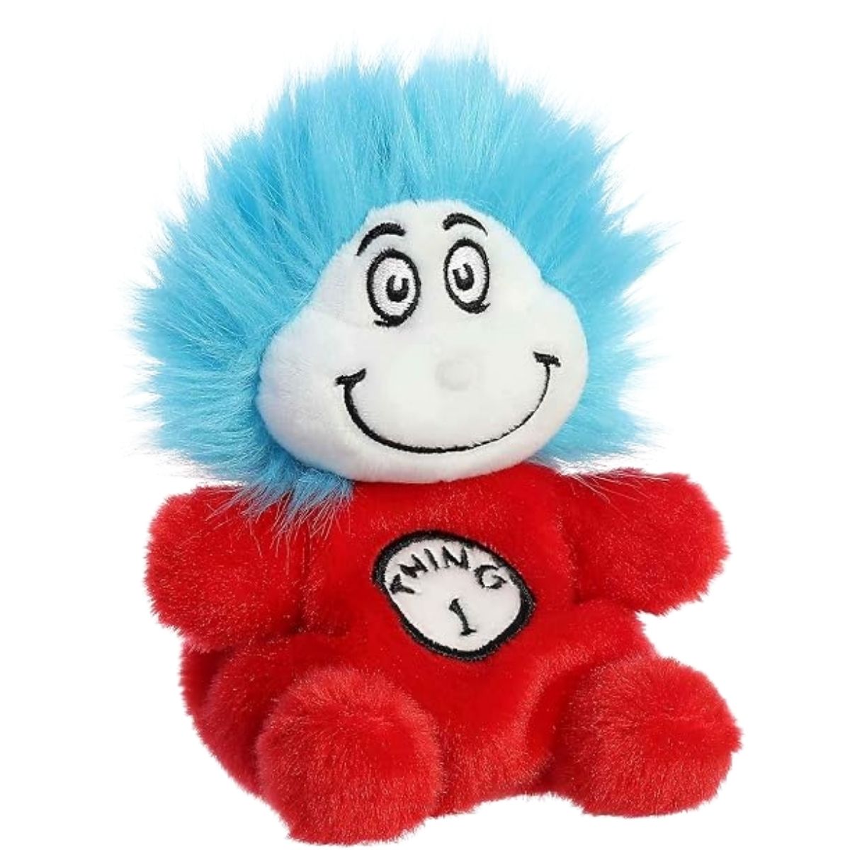 Aurora 5-inch Palm Pals Thing 1 plush toy from Dr. Seuss sitting at an angle showing its bright red body, white "Thing 1" chest badge, and a large explosion of wild blue hair.