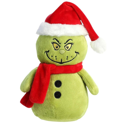 Front view thumbnail of the cute Snowman Grinch plush sitting upright, highlighting his smirking expression, red scarf, and embroidered belly buttons.