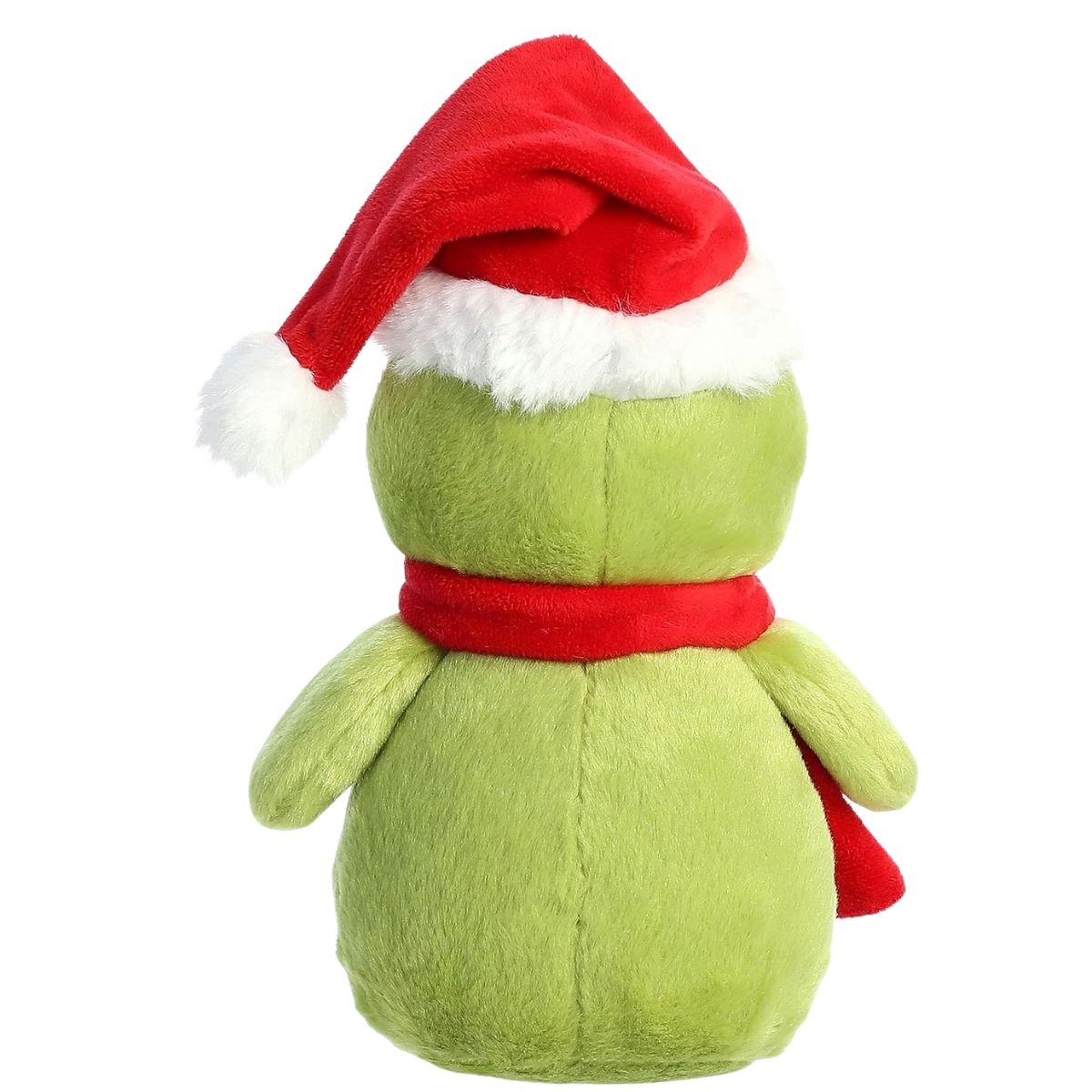 Rear view thumbnail of the Aurora Grinch plush displaying the back of his lime-green snowman body, red scarf, and Santa hat.