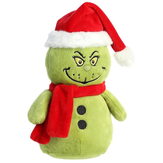 Aurora 8-inch Dr. Seuss Snowman Grinch plush toy showing its lime-green body, red Santa hat, red scarf, smirking face, and black buttons.