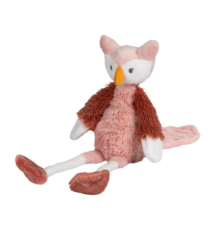 Happy Horse Owl Olivia No. 1 pink and brown plush stuffed animal sitting with long legs outstretched against a white background.