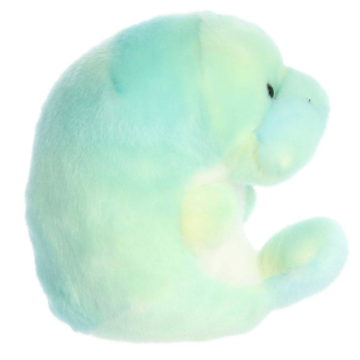 Side profile view of the fluffy Rolly Pet manatee stuffed animal showing its round, teardrop body shape and small front flippers.