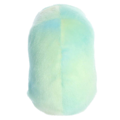 Back view of the pastel tie-dye plush manatee highlighting its soft, fluffy texture and light blue hues.