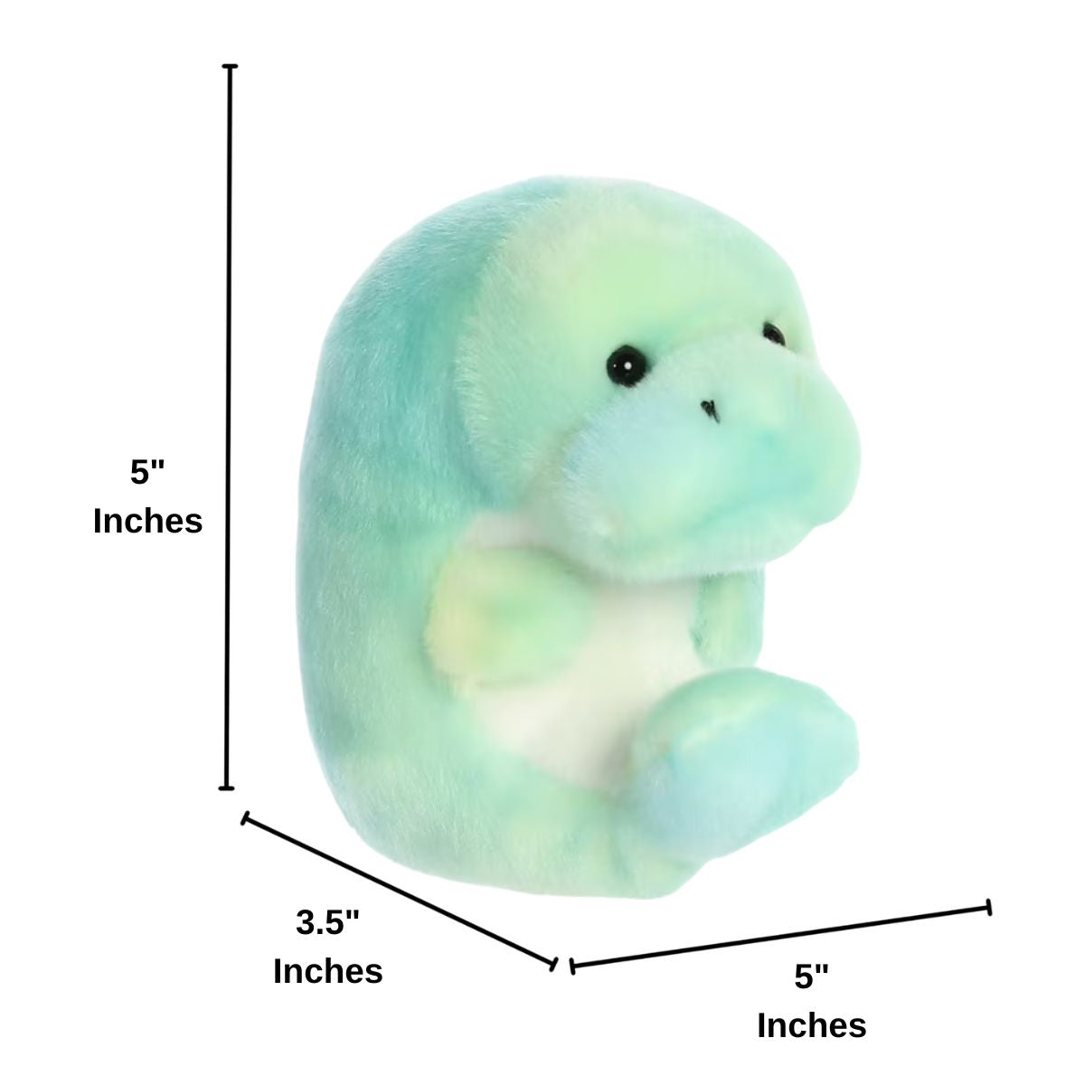 Infographic showing the dimensions of the Aurora Rolly Pet manatee plush, measuring 5 inches tall by 3.5 inches wide by 5 inches deep.