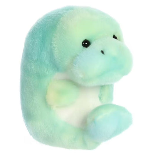 Front-angled view of the Aurora Rolly Pet Myrtle Manatee 5-inch stuffed animal featuring a pastel seafoam green tie-dye body and a soft white belly.