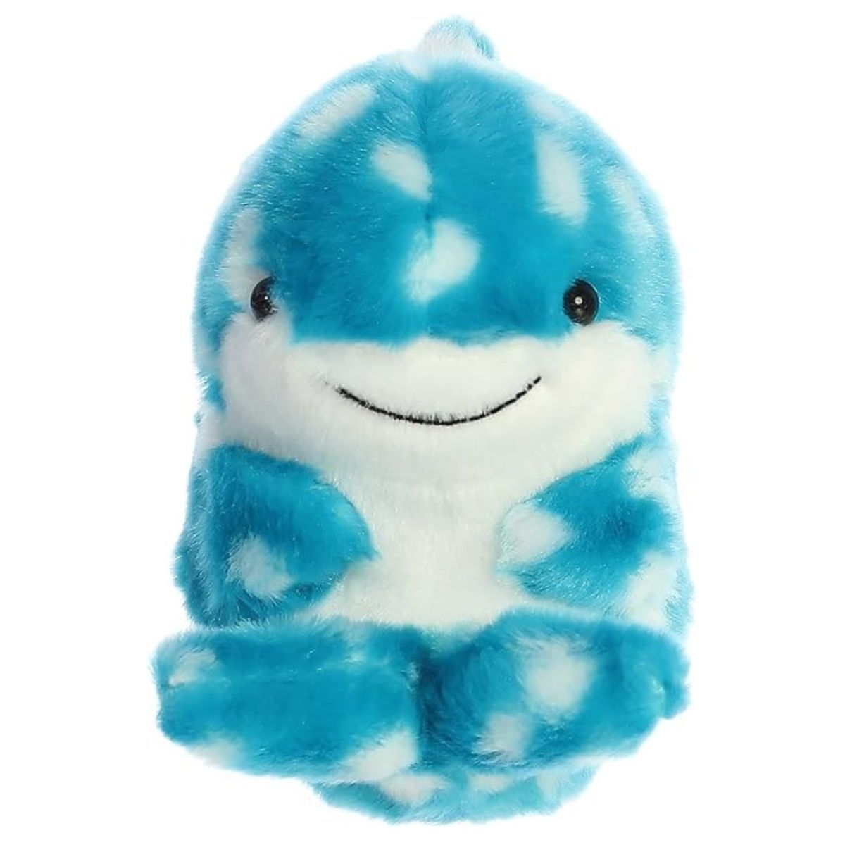 Direct front view of the soft round whale shark plush showing its wide smile and white belly.