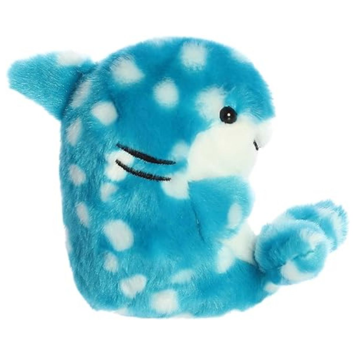 Side profile view of the Aurora Rolly Pet Willa Whale Shark highlighting its blue and white spotted pattern and gills.
