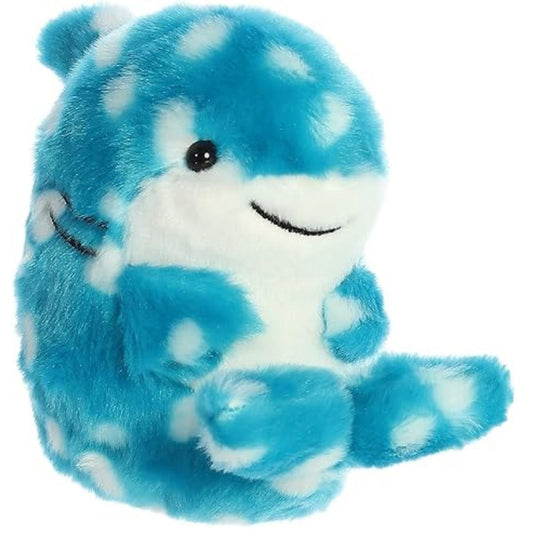 Angled front view of the 5-inch Aurora Rolly Pet Willa Whale Shark blue and white spotted plush.