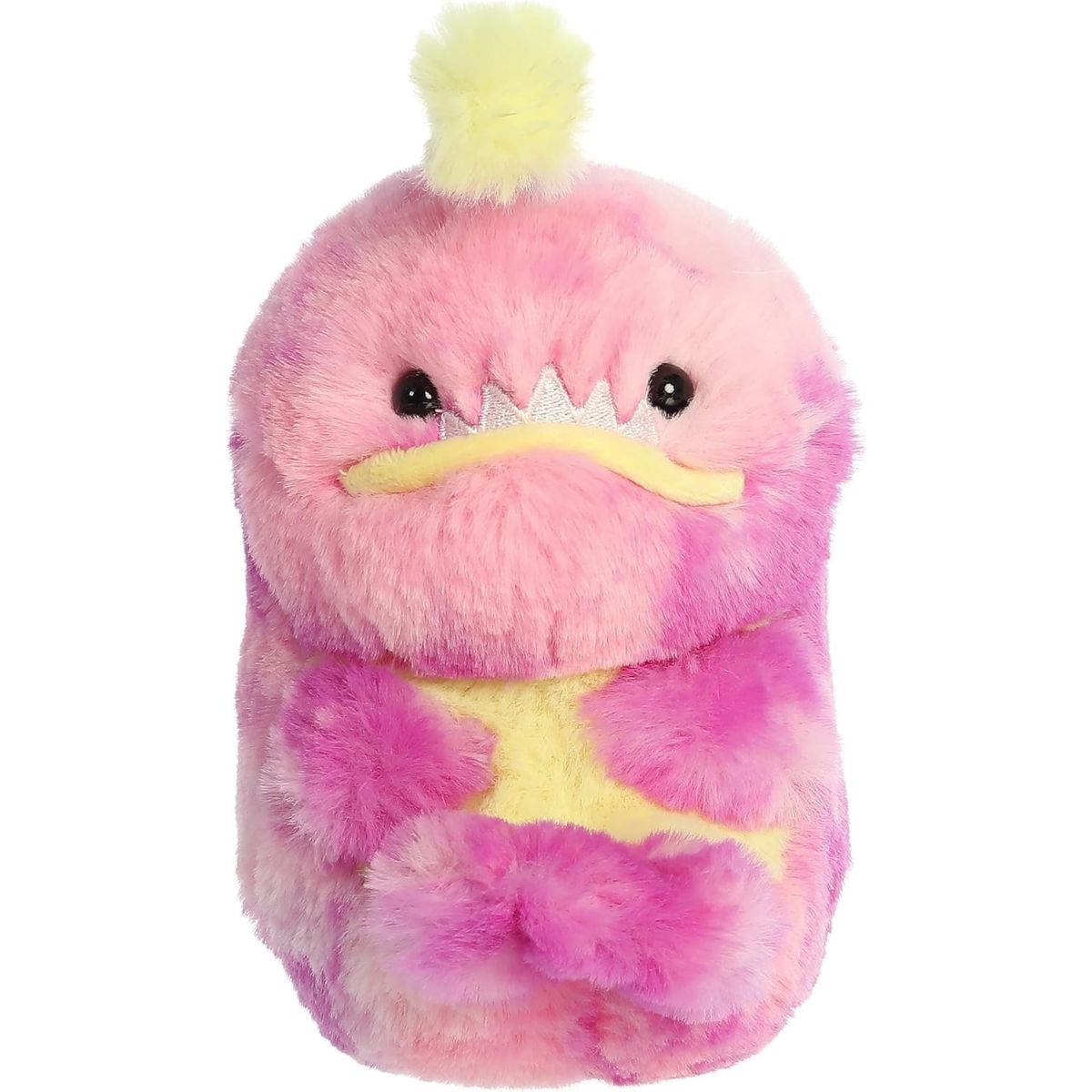 Straight front view of the round pink and yellow angler fish plush toy highlighting its cute face and fluffy texture.