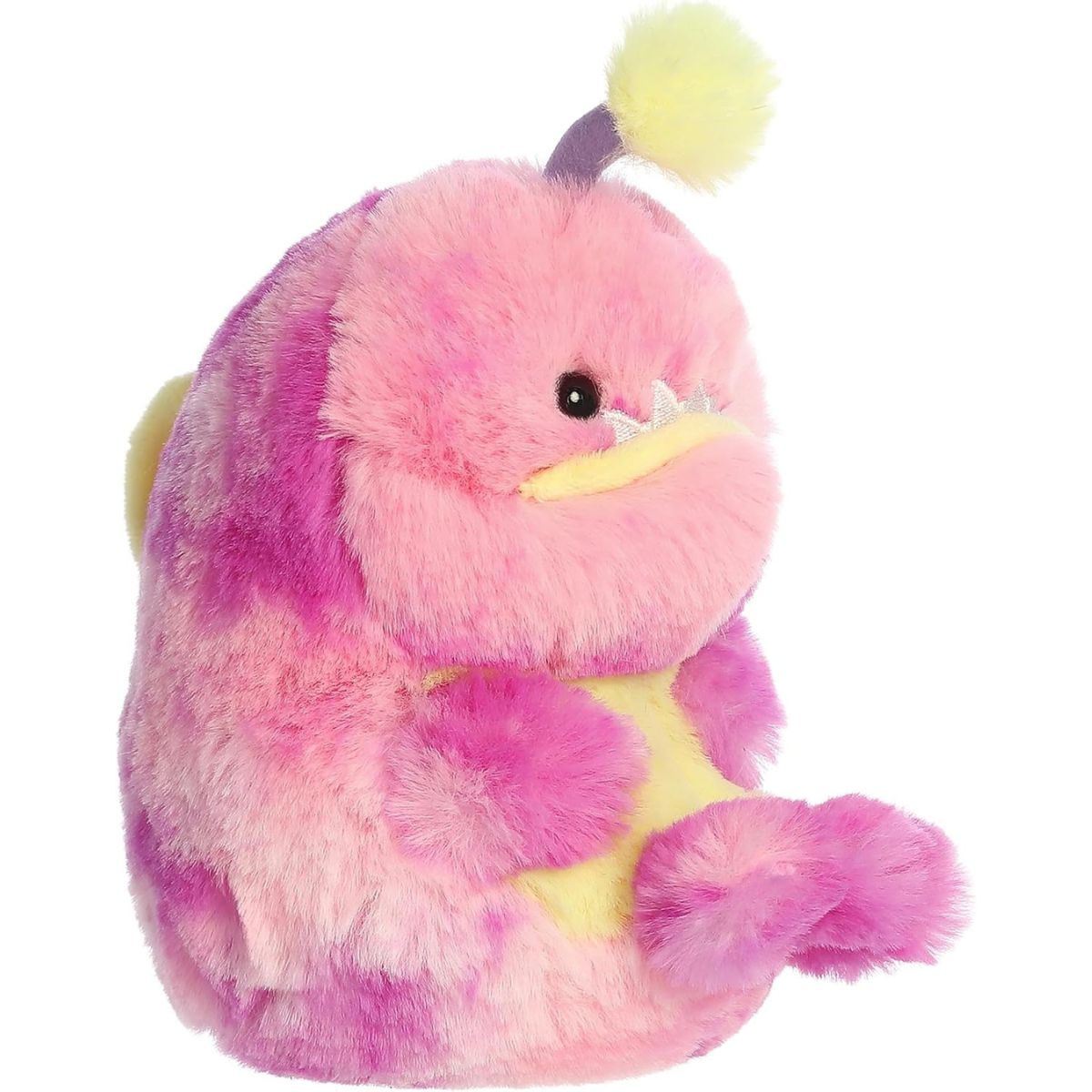 Angled left view of the fluffy Rolly Pet angler fish stuffed animal showing its round, teardrop body shape and small side fin.