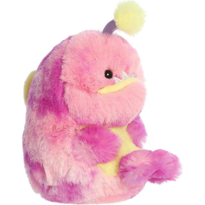Angled left view of the fluffy Rolly Pet angler fish stuffed animal showing its round, teardrop body shape and small side fin.