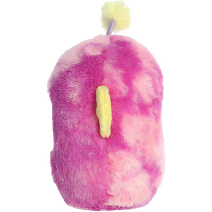 Back view of the pink tie-dye plush angler fish highlighting its soft, fluffy texture and small yellow back fin.