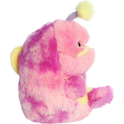 Side profile view of the Aurora angler fish plush showing the yellow lure resting over its head and its small fins.