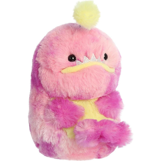 Front view of the Aurora Rolly Pet Angel Angler Fish 5-inch stuffed animal featuring a fluffy pink tie-dye body, a yellow belly, small teeth, and a yellow lure on its head.