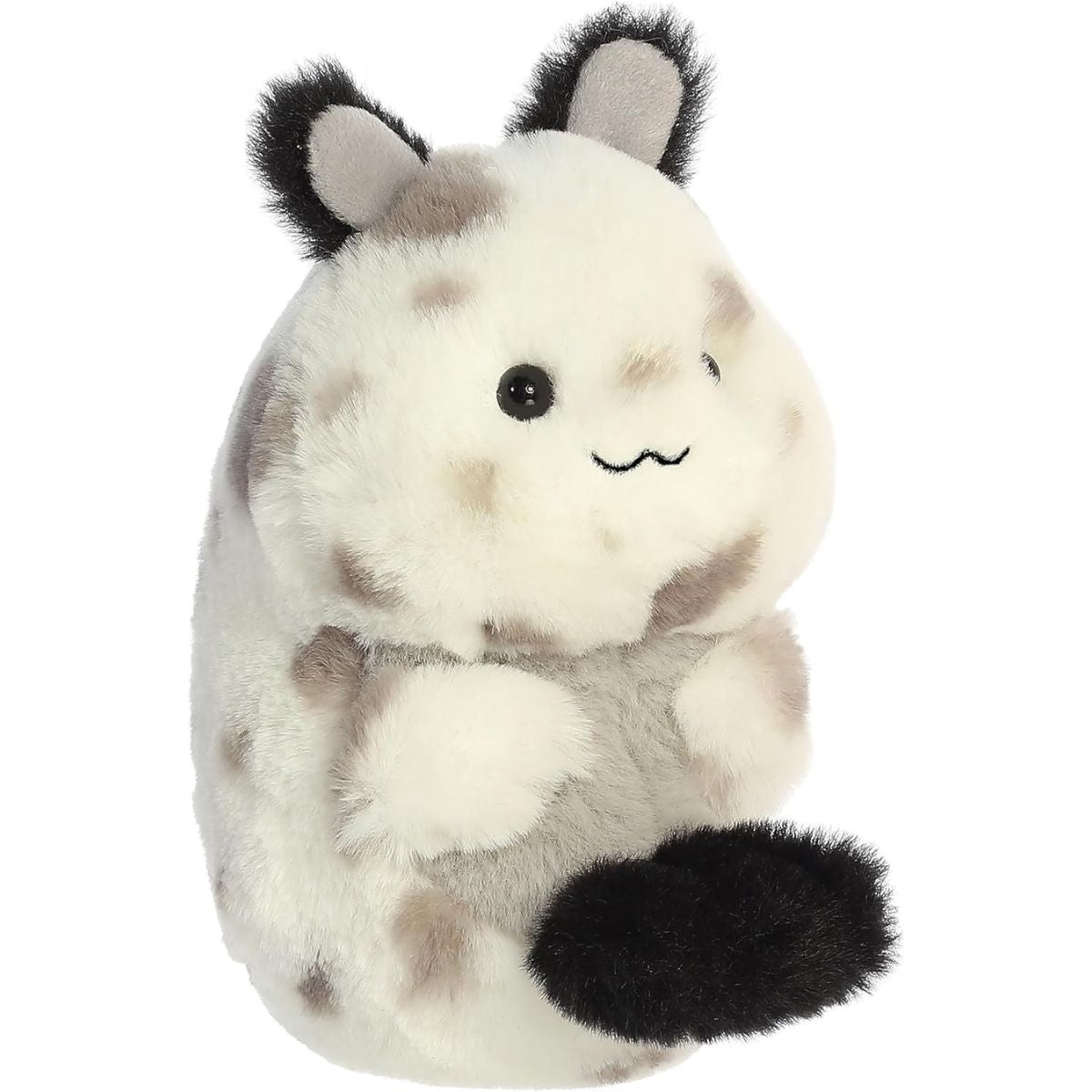 Angled front view of the 5-inch Aurora Rolly Pet Serendipity Sea Bunny white and spotted plush.