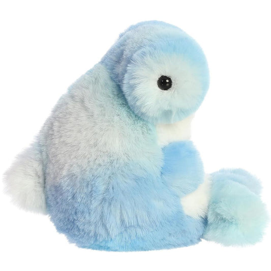 Side profile view of the soft round hammerhead shark plush highlighting its blue and white pattern.