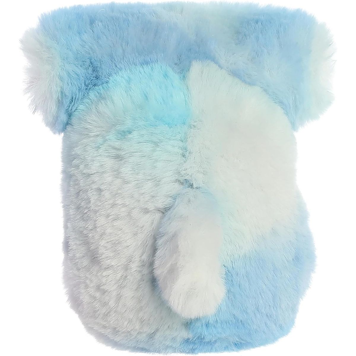 Back view of the cuddly blue and white shark stuffed animal highlighting its little tail.