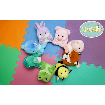 Group shot of the Aurora Rolly Pet Hamish Hammerhead Shark sitting on a colorful play mat with other Rolly Pet stuffed animals.