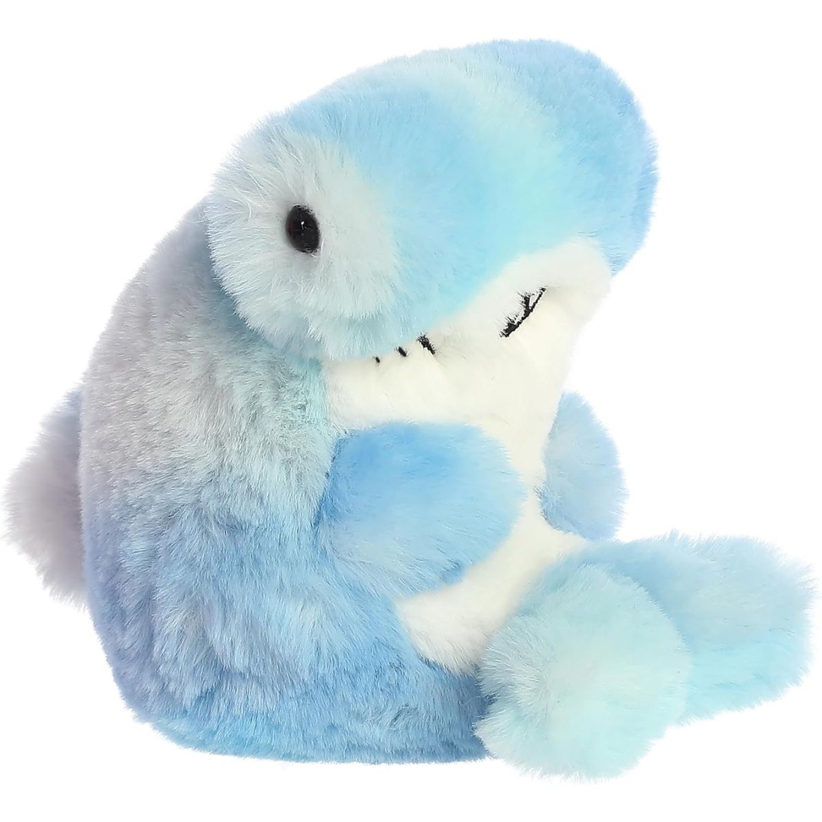 Angled front view of the 5-inch Aurora Rolly Pet Hamish Hammerhead Shark blue and white plush.