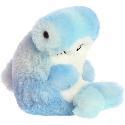 Angled front view of the 5-inch Aurora Rolly Pet Hamish Hammerhead Shark blue and white plush.
