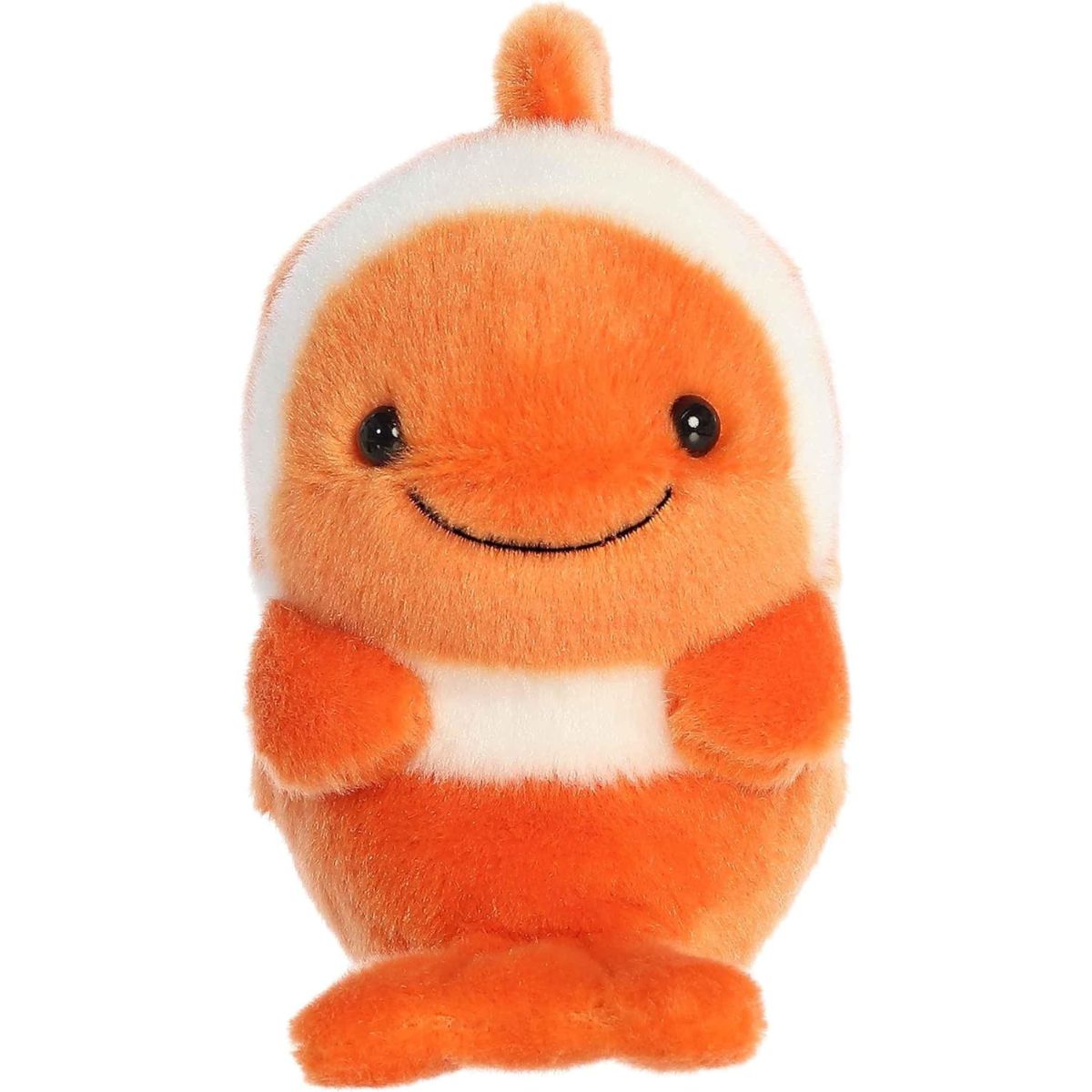 Direct front view of the soft round clown fish plush showing its happy smile and little side fins.