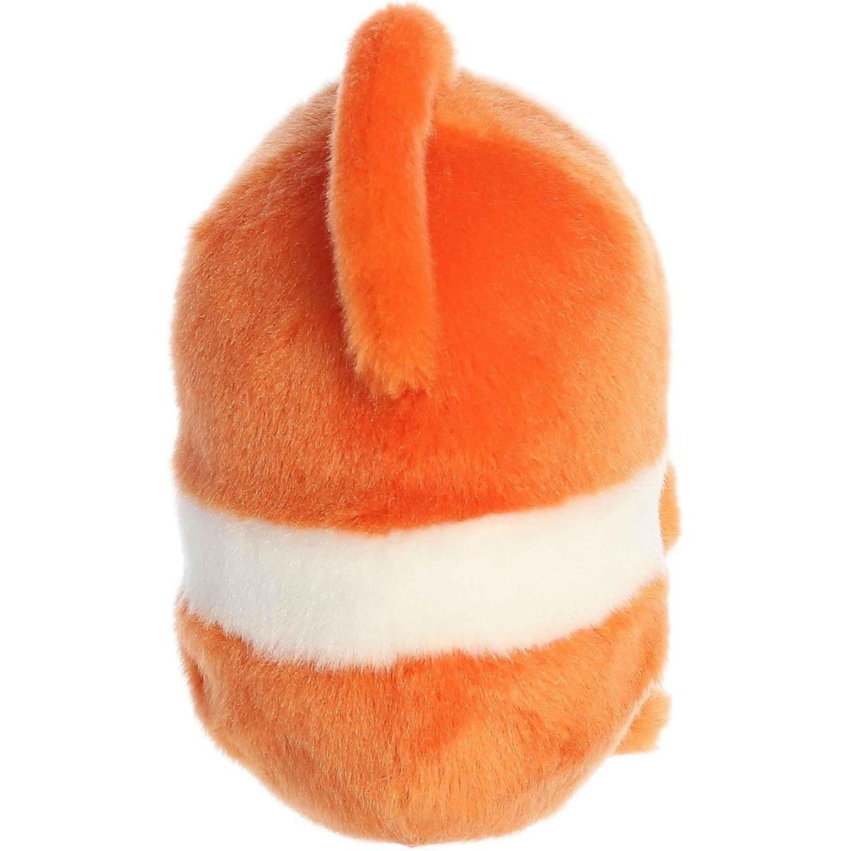 Back view of the cuddly orange and white clown fish stuffed animal highlighting its back stripe and fins.