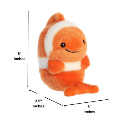 Dimension graphic showing the Aurora Rolly Pet Comic Clown Fish sitting upright with measurement lines indicating it is 5 inches tall and 3.5 inches wide.
