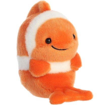 Angled front view of the 5-inch Aurora Rolly Pet Comic Clown Fish orange and white striped plush.