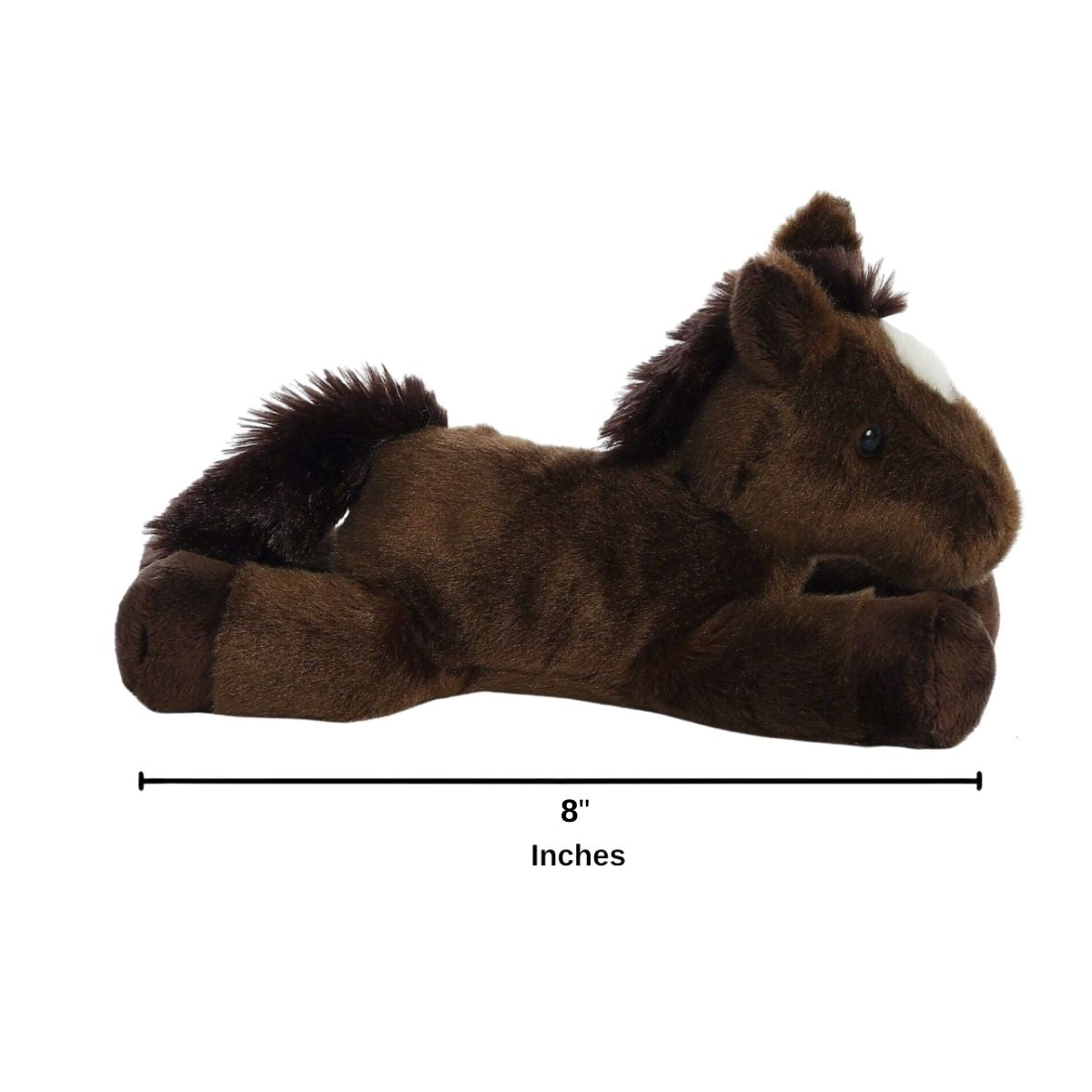 The Aurora 8-inch Chestnut Pony horse stuffed animal sitting on a surface showing its compact size.