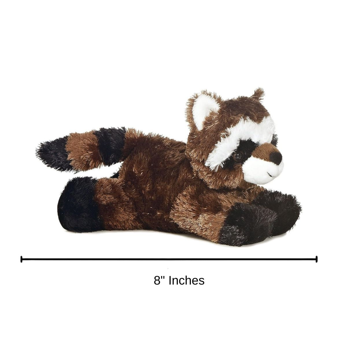 Side profile view of the Aurora Mini Flopsie Ringo the Raccoon plush with a measurement graphic indicating it is 8 inches long.