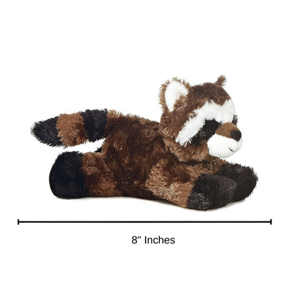 Side profile view of the Aurora Mini Flopsie Ringo the Raccoon plush with a measurement graphic indicating it is 8 inches long.
