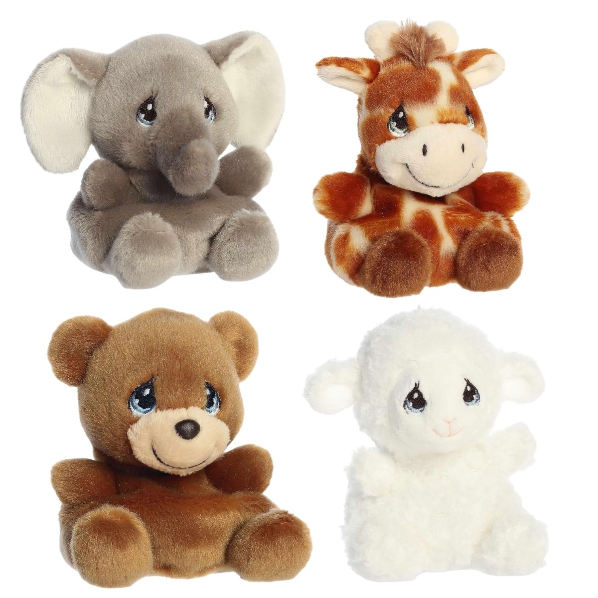 Angled front view of the adorable Aurora Precious Moments stuffed animal set showing their sweet smiles and signature teardrop eyes.